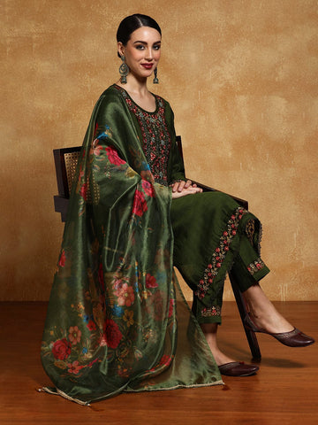 Varanga Women Floral Motif Thread Embroidered Yoke Kurta with Trouser & Dupatta